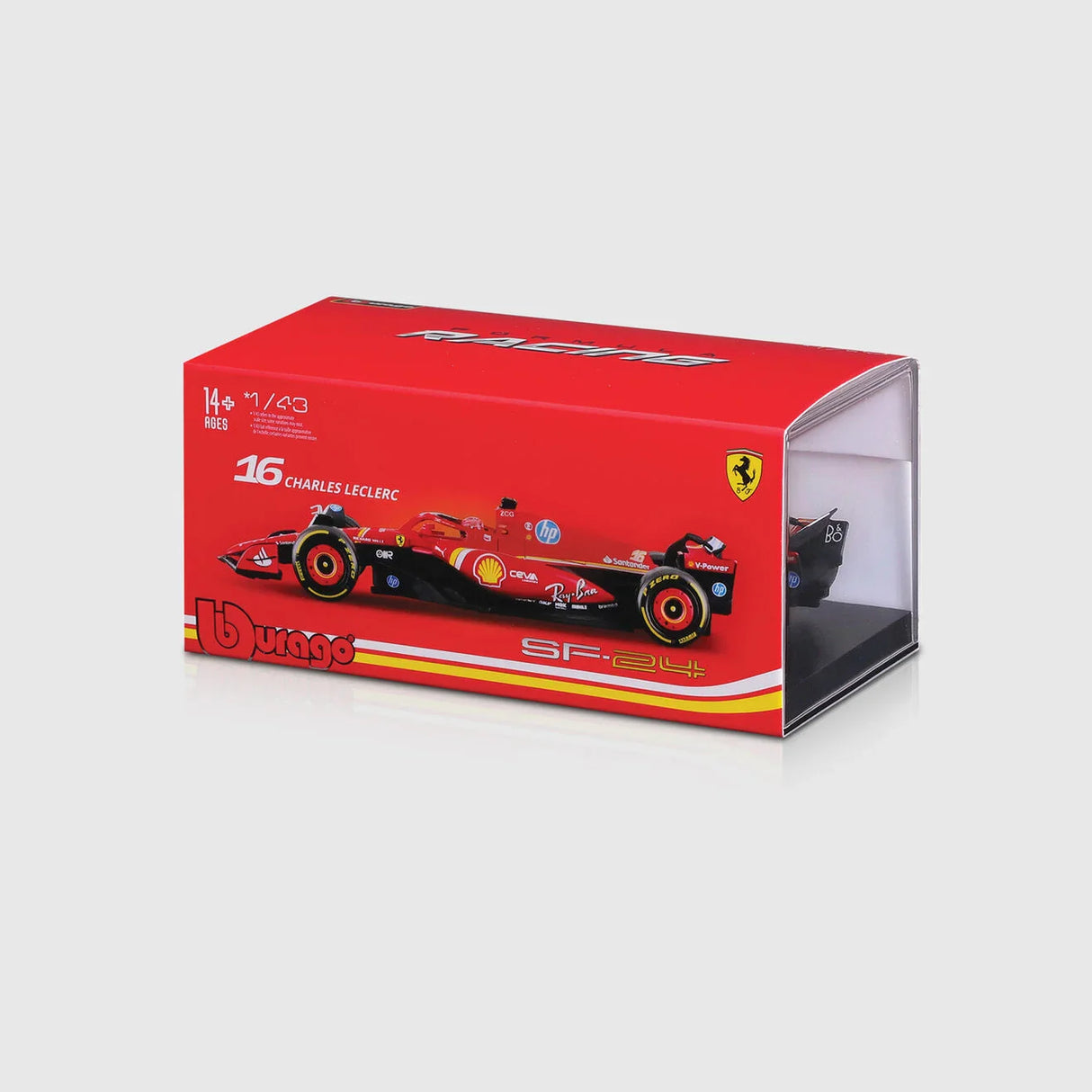 Modellino Ferrari, Charles Leclerc, SF-24, scatola acrilica, bburago, rosso