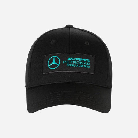 Black cap with Mercedes-Benz Petronas Formula One Team logo on a white background