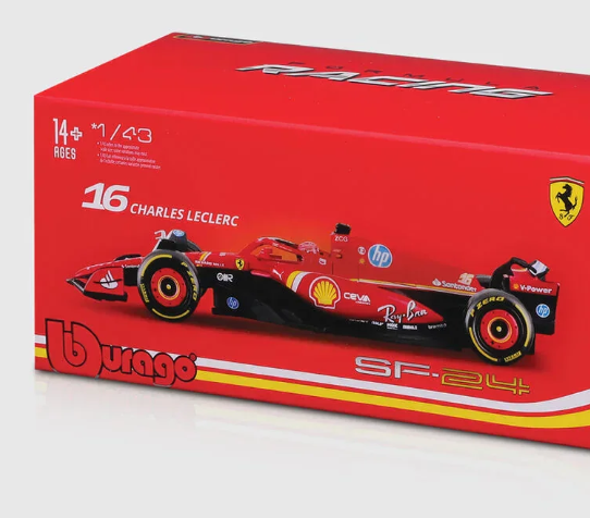 Modellino Ferrari, Charles Leclerc, SF-24, scatola acrilica, bburago, rosso